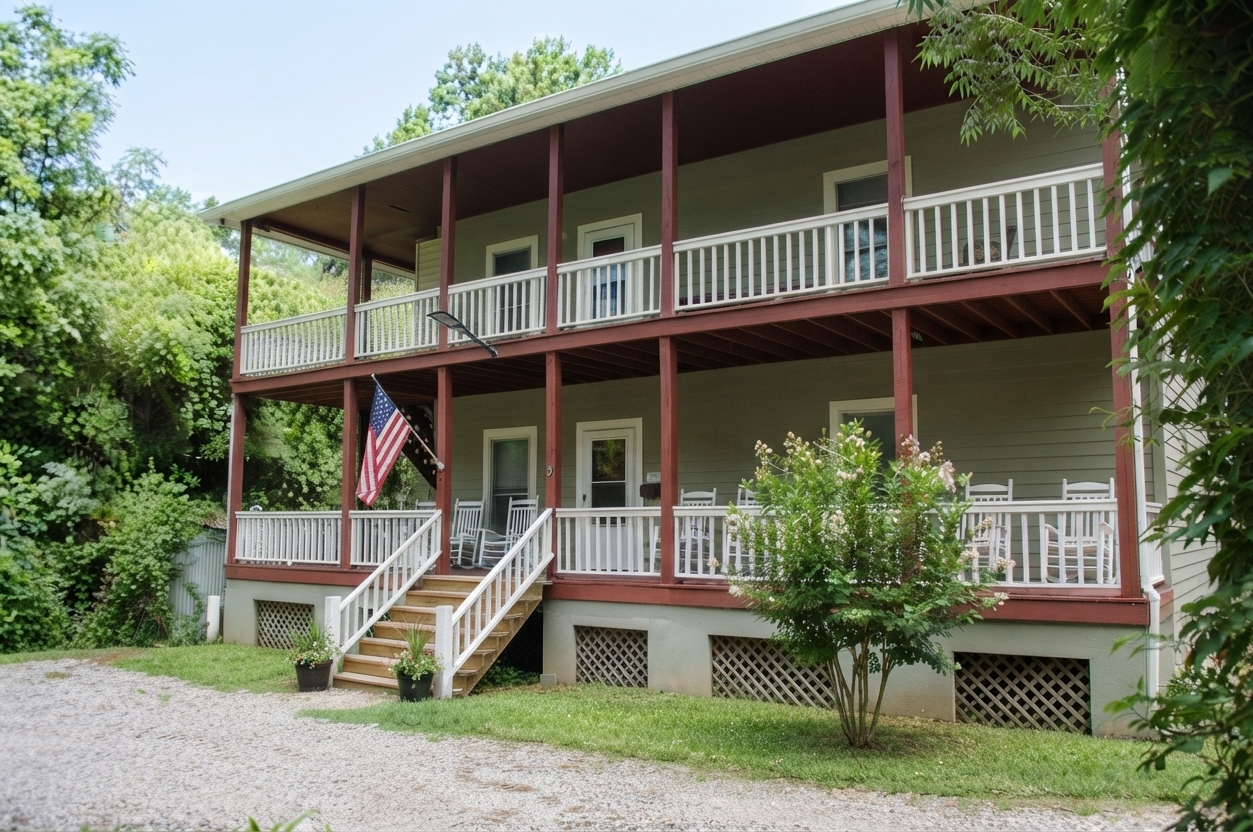 Exterior of a two story house with double porches and a gravel drive